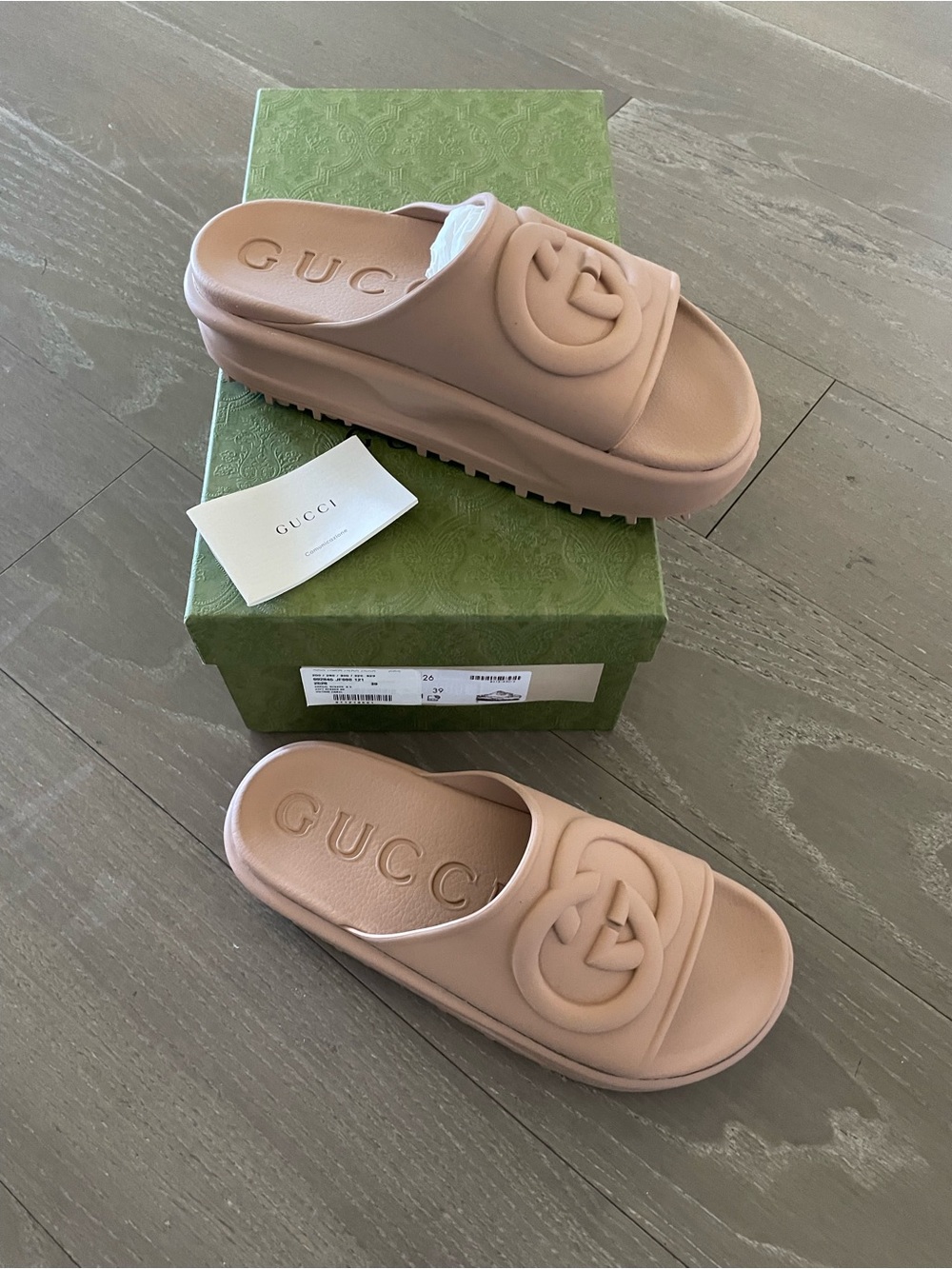 Gucci tan‎ rubber Platform Logo Slide Sandals